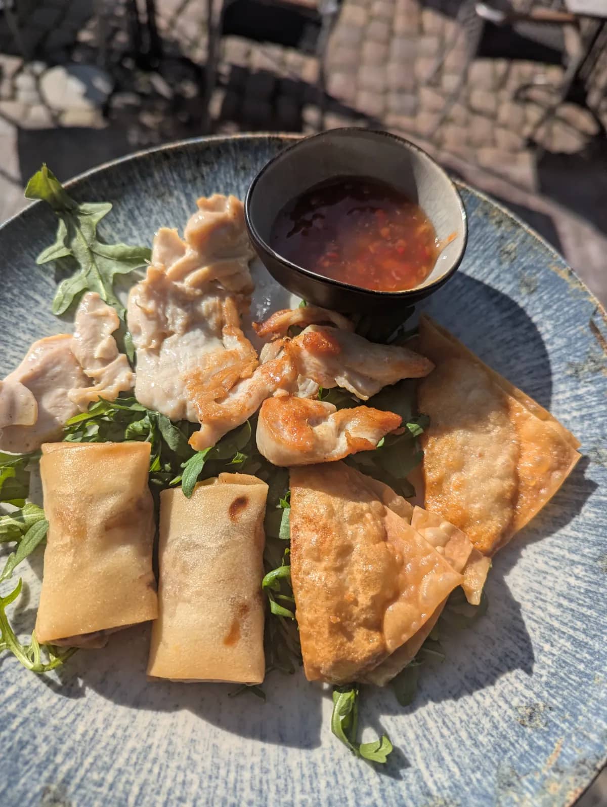Vorspeisenteller — 2 Wan Tan, 2 Frühlingsrollen und gebratenes Hähnchen mit Sweet-Chili-Dip bei Kaspio in Stade