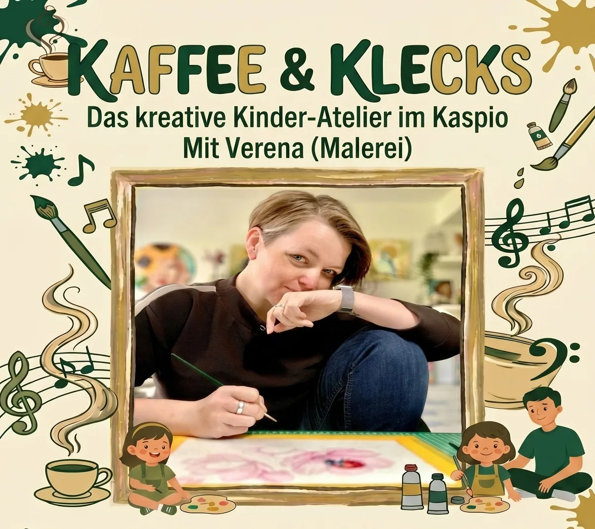 Plakat von Kaffee & Klecks, dem kreativen Kinder-Atelier mit Verena im Restaurant Kaspio in Stade